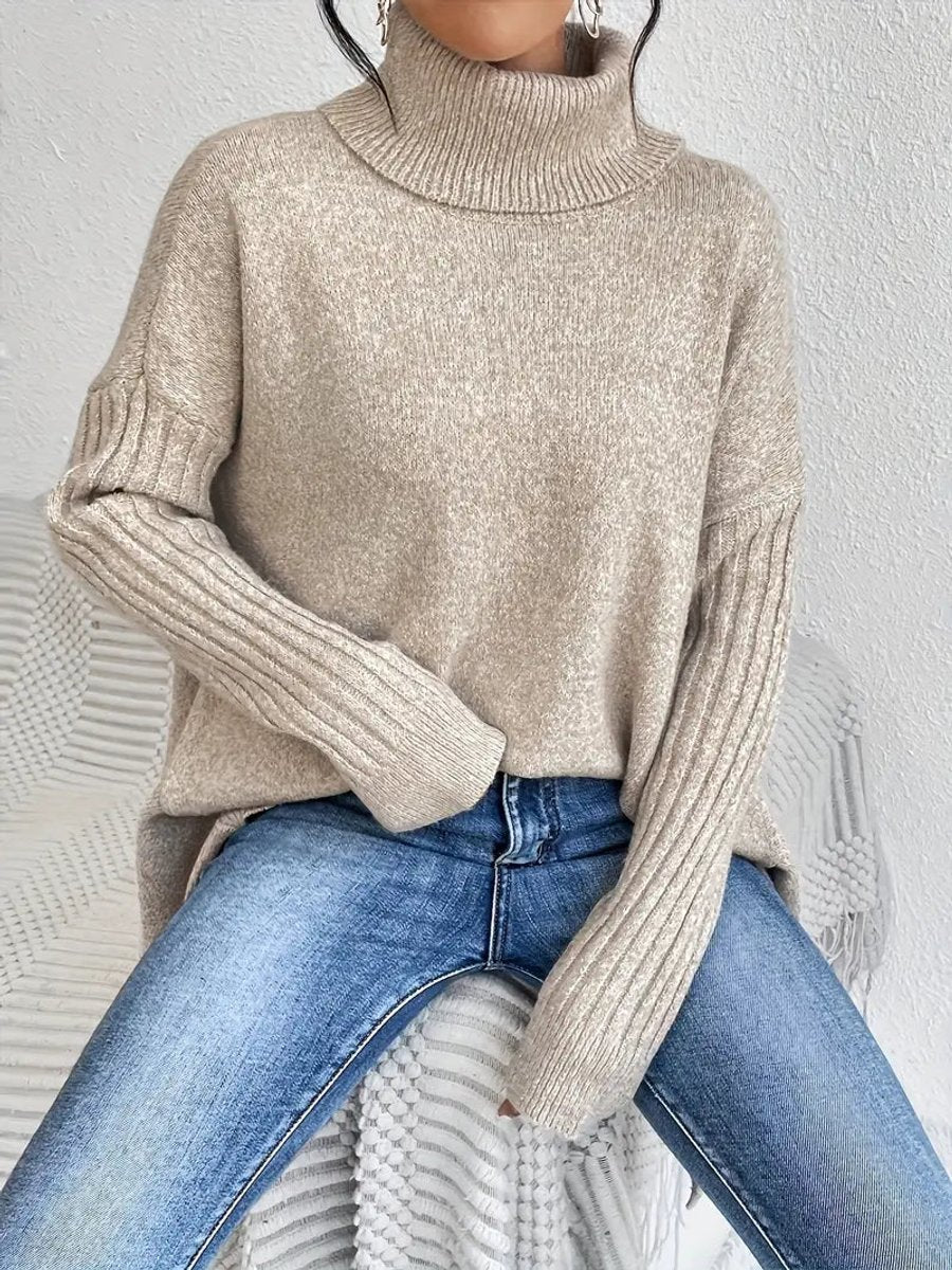 Women's Oversized Turtleneck Sweater High-Low Ribbed Knit Pullover
