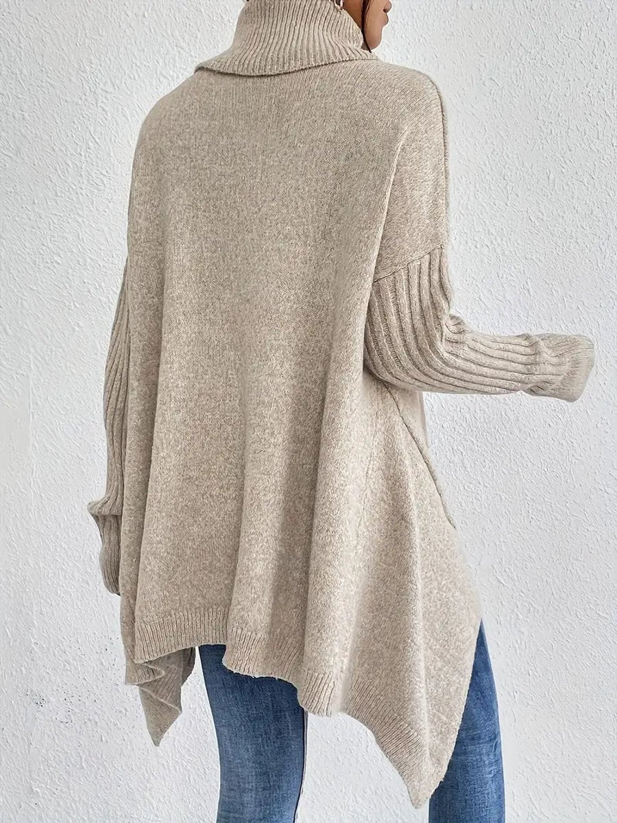 Women's Oversized Turtleneck Sweater High-Low Ribbed Knit Pullover