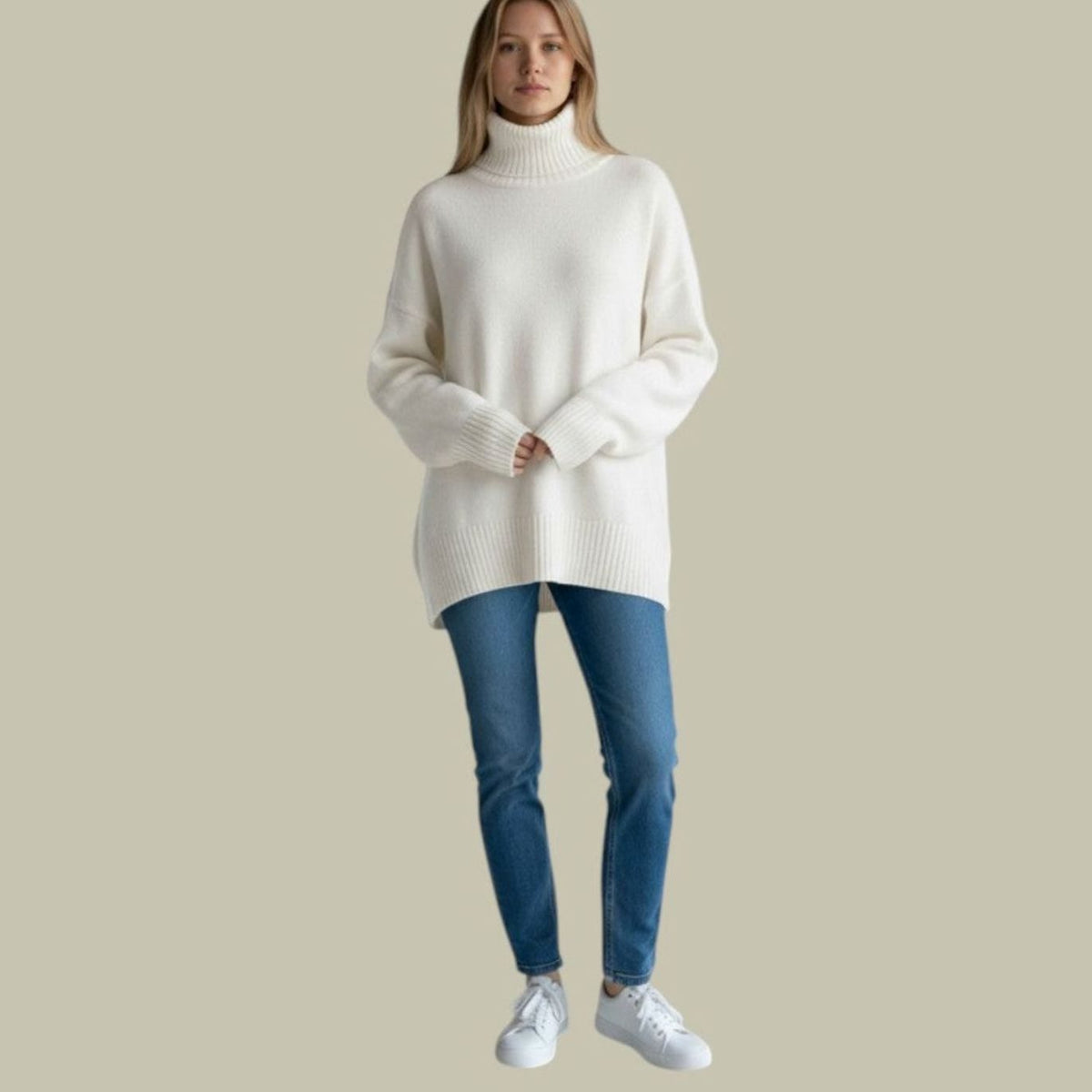 Women's Oversized Turtleneck Sweater Relaxed-Fit Long Knit Pullover - White