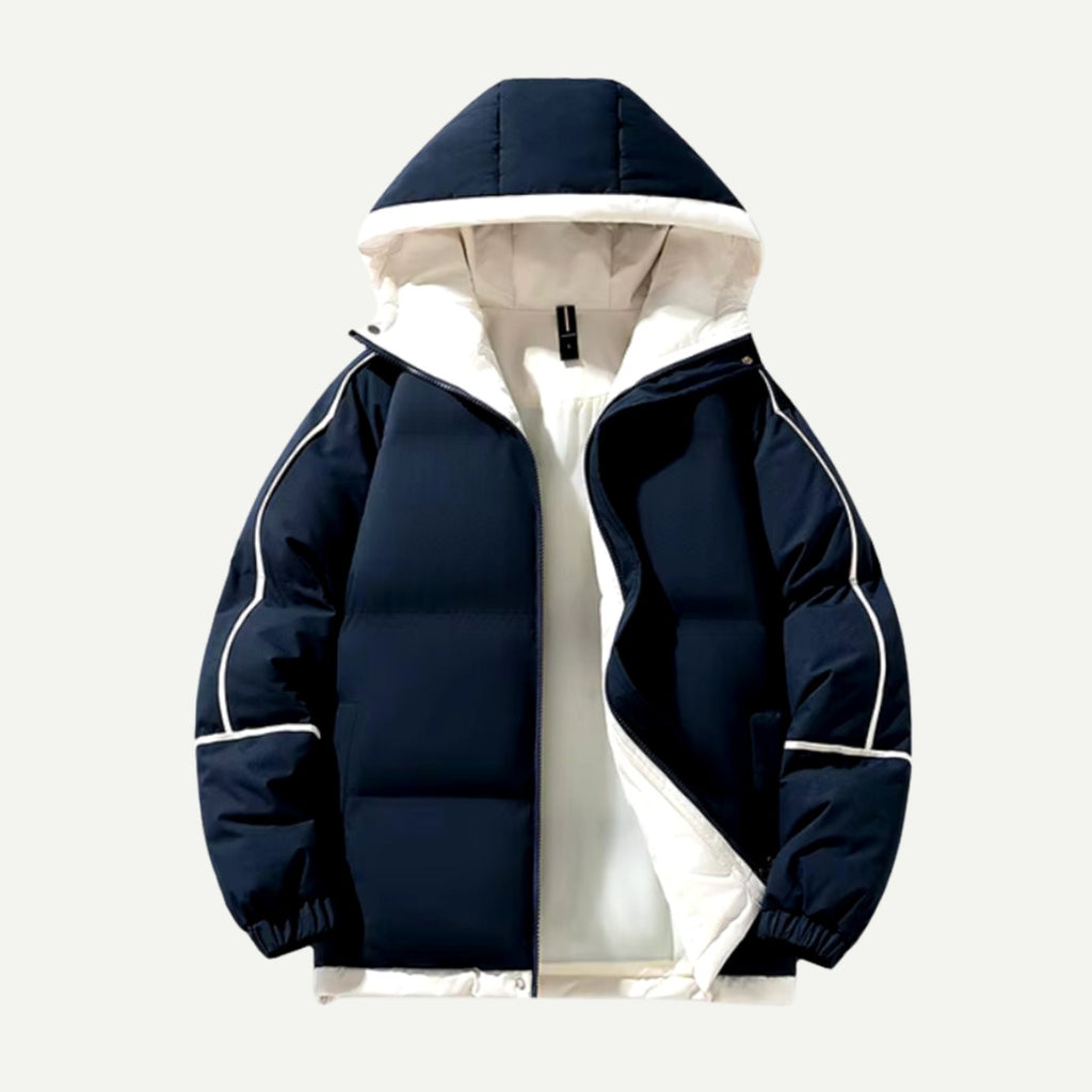 Women's Oversized Two-Tone Hooded Puffer Jacket - Navy Blue