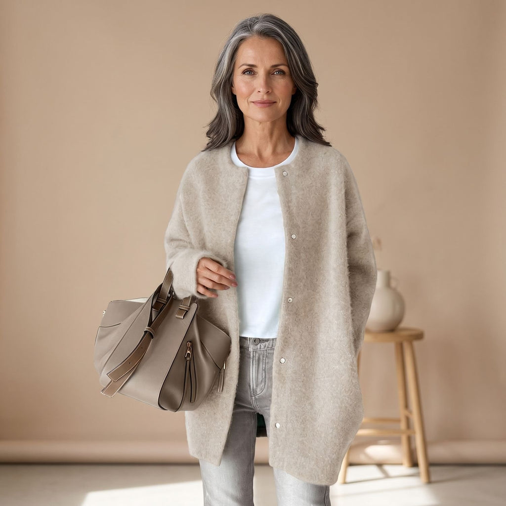 Women's Oversized Wool Blend Button-Front Longline Cardigan - Beige