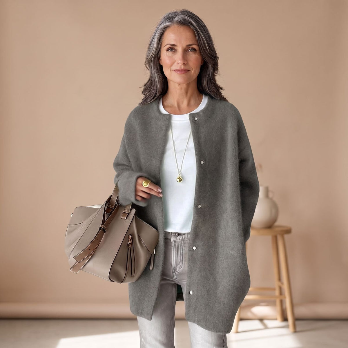 Women's Oversized Wool Blend Button-Front Longline Cardigan - Gray