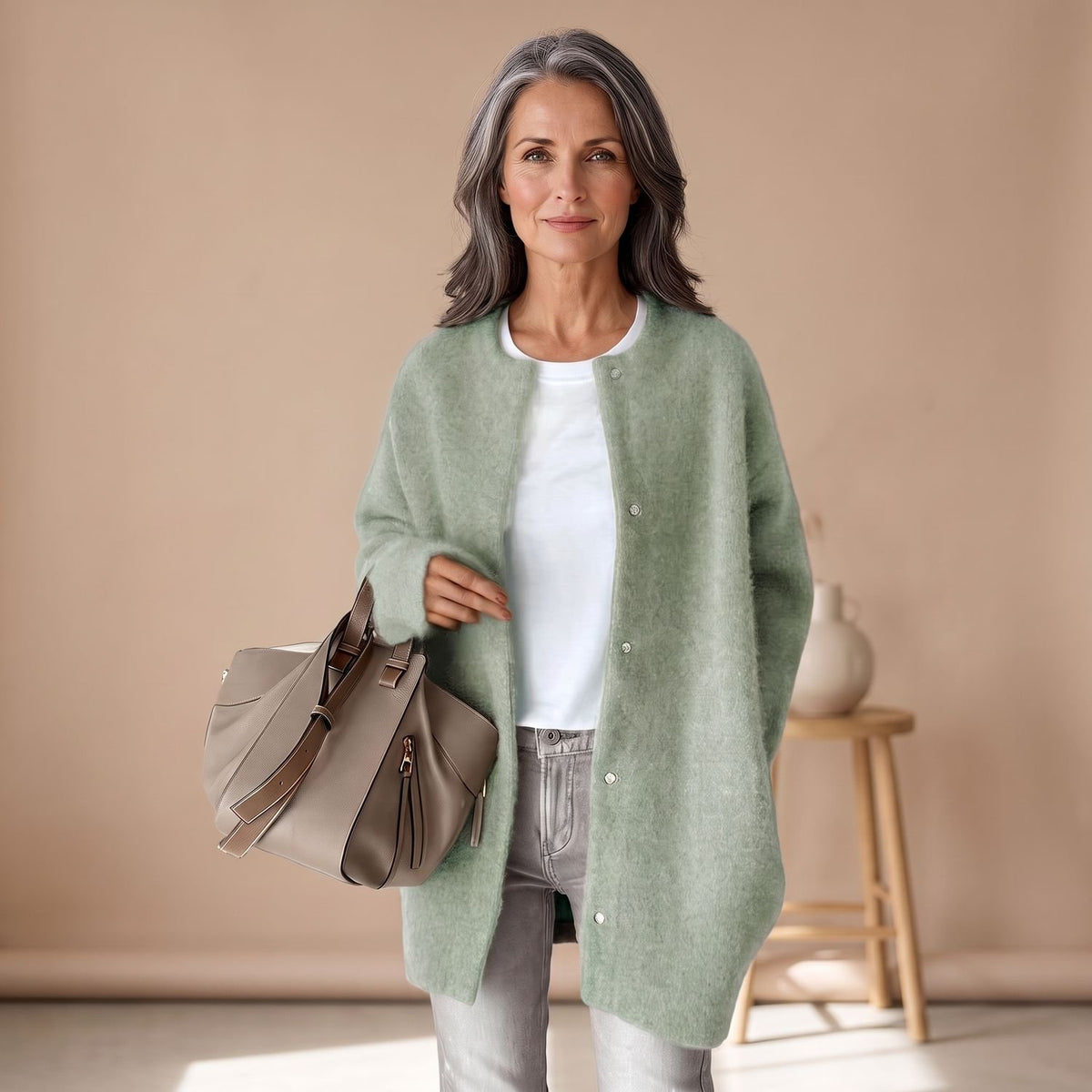 Women's Oversized Wool Blend Button-Front Longline Cardigan - Green