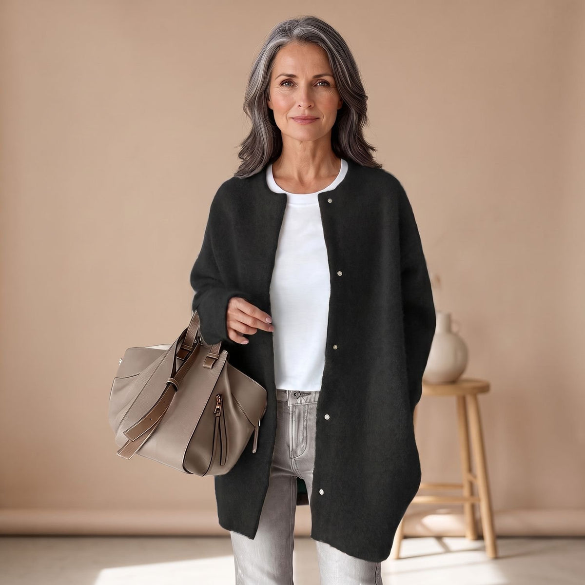 Women's Oversized Wool Blend Button-Front Longline Cardigan - Black