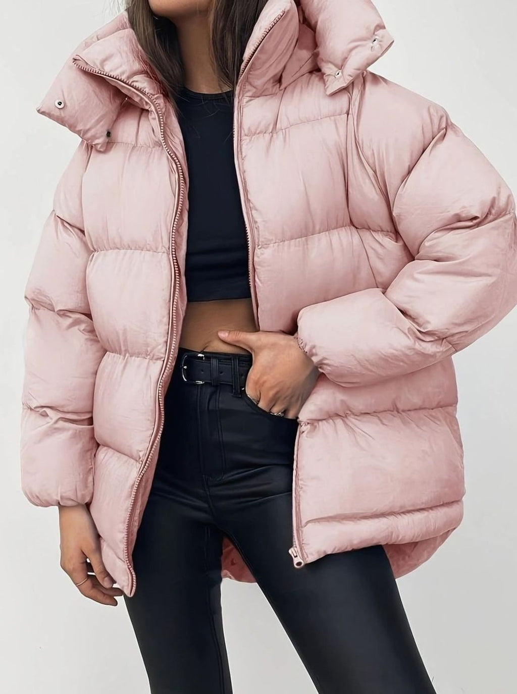 Women's Oversized Zip-Up Hooded Puffer Jacket - Pink