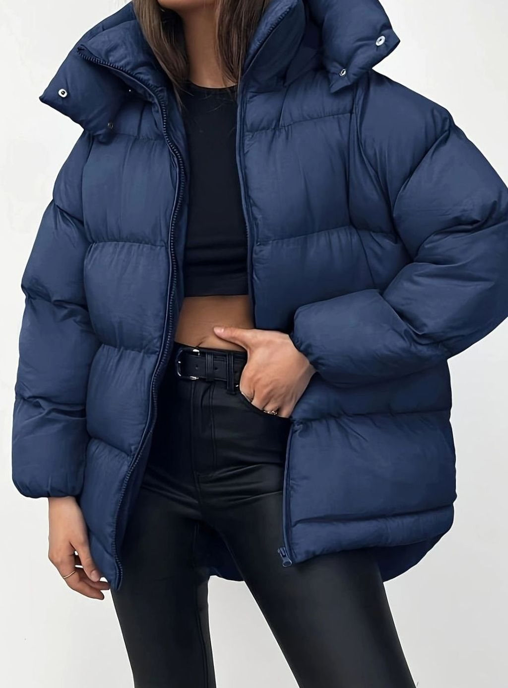 Women's Oversized Zip-Up Hooded Puffer Jacket - Navy Blue
