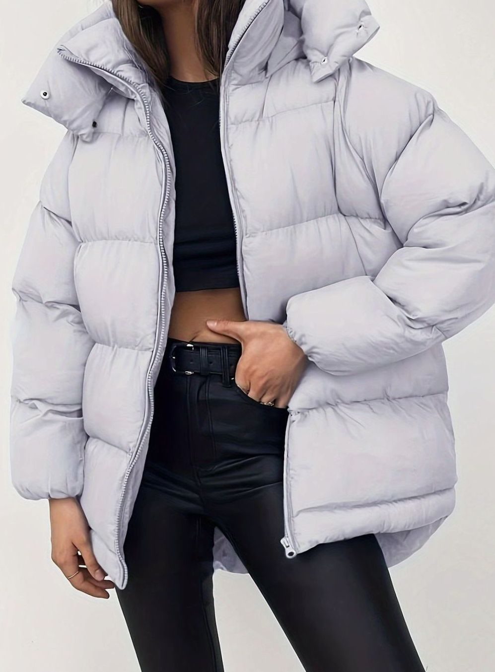 Women's Oversized Zip-Up Hooded Puffer Jacket - Light Grey