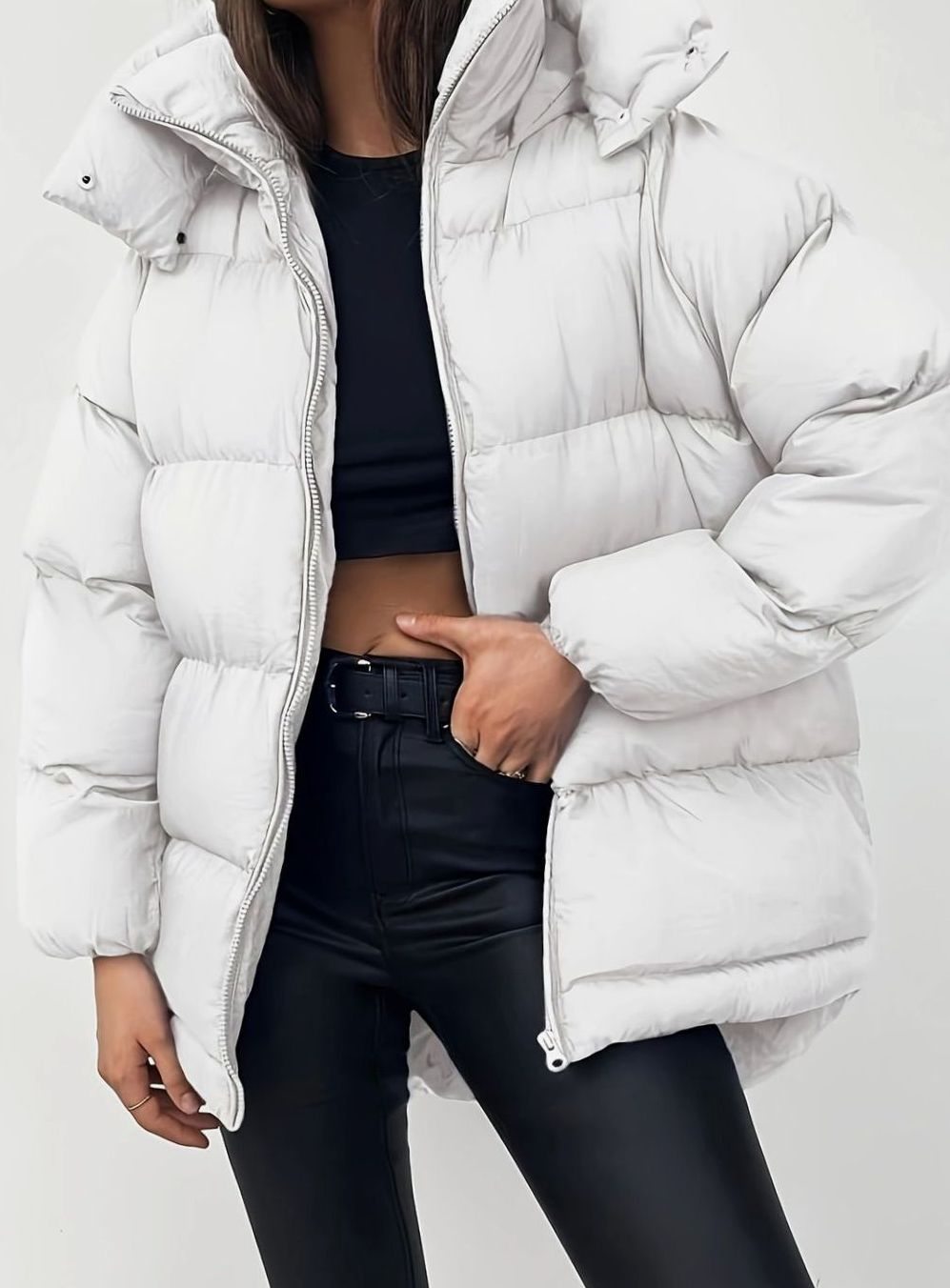 Women's Oversized Zip-Up Hooded Puffer Jacket - White