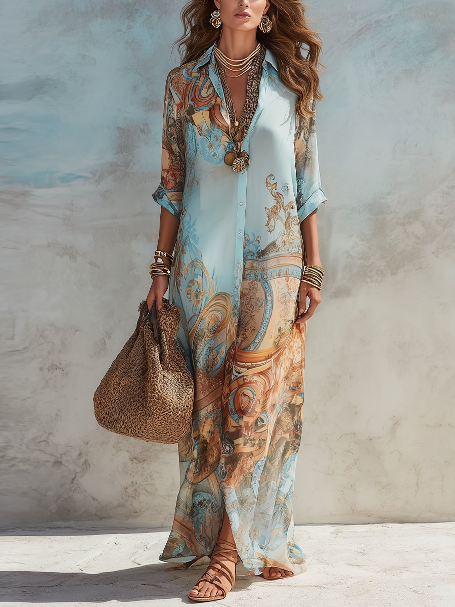 Women's Paisley Print Button-Down Maxi Midi Dress - Light Blue