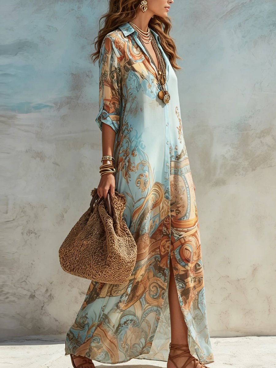 Women's Paisley Print Button-Down Maxi Midi Dress
