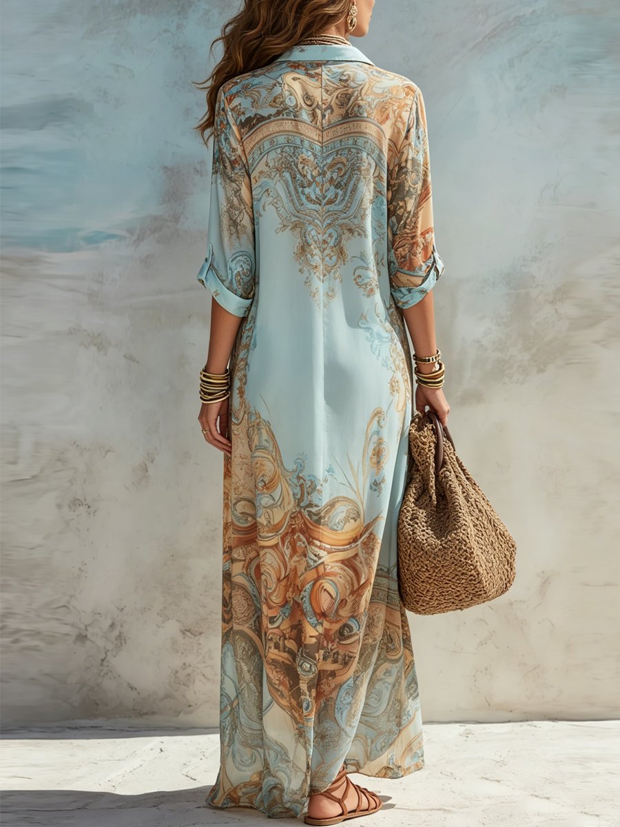 Women's Paisley Print Button-Down Maxi Midi Dress