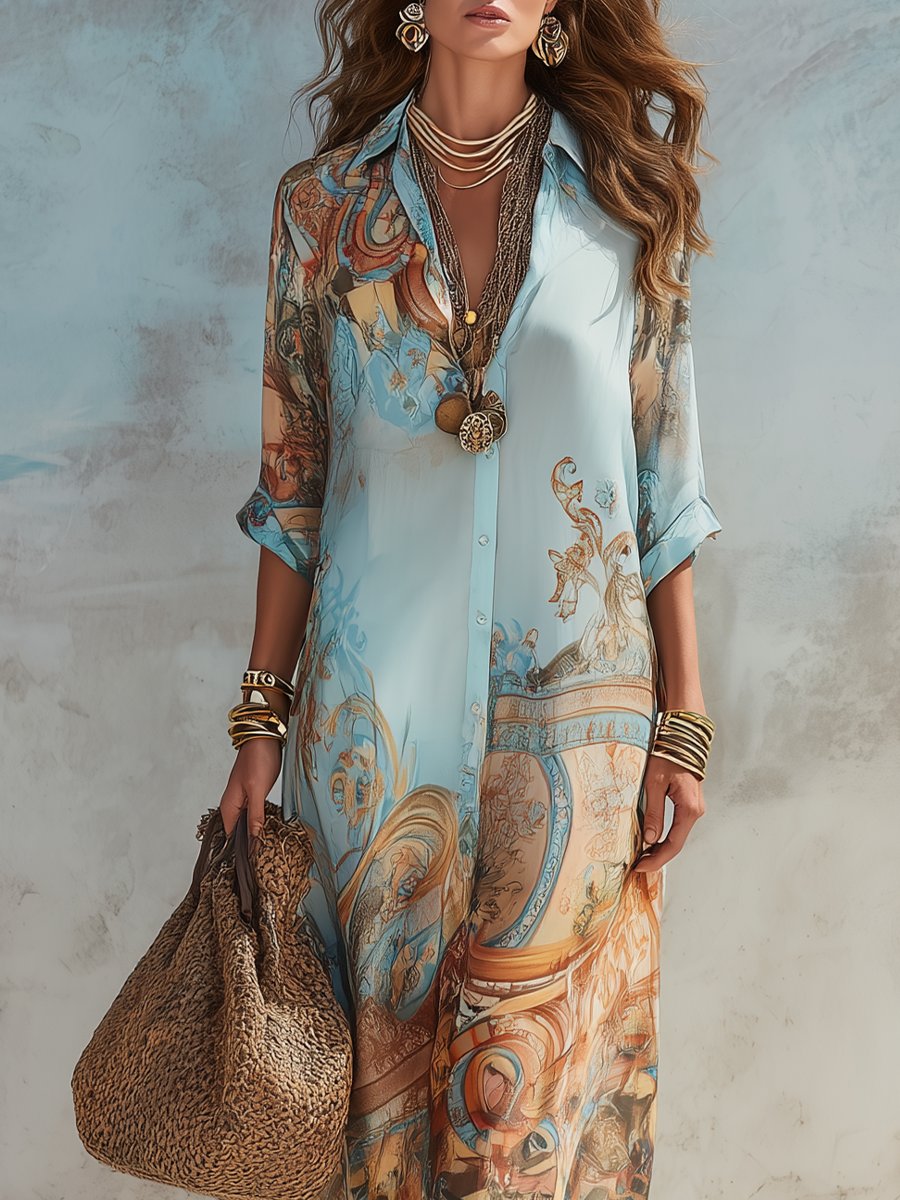 Women's Paisley Print Button-Down Maxi Midi Dress