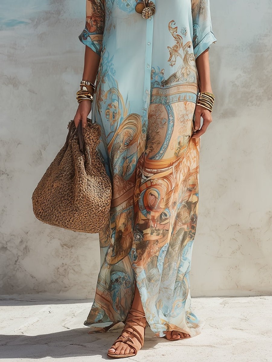 Women's Paisley Print Button-Down Maxi Midi Dress