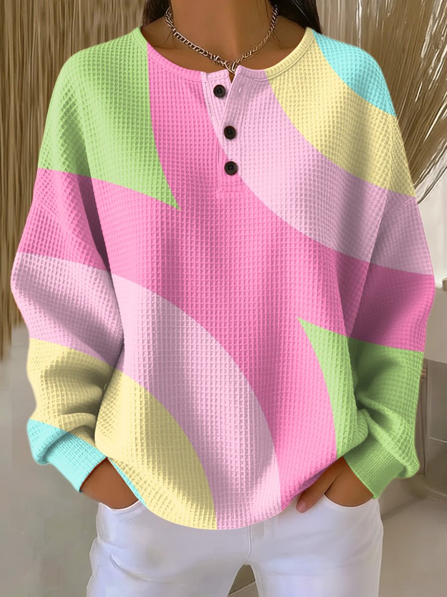 Women's Pastel Color Block Waffle-Knit Henley Pullover Sweater - Pink