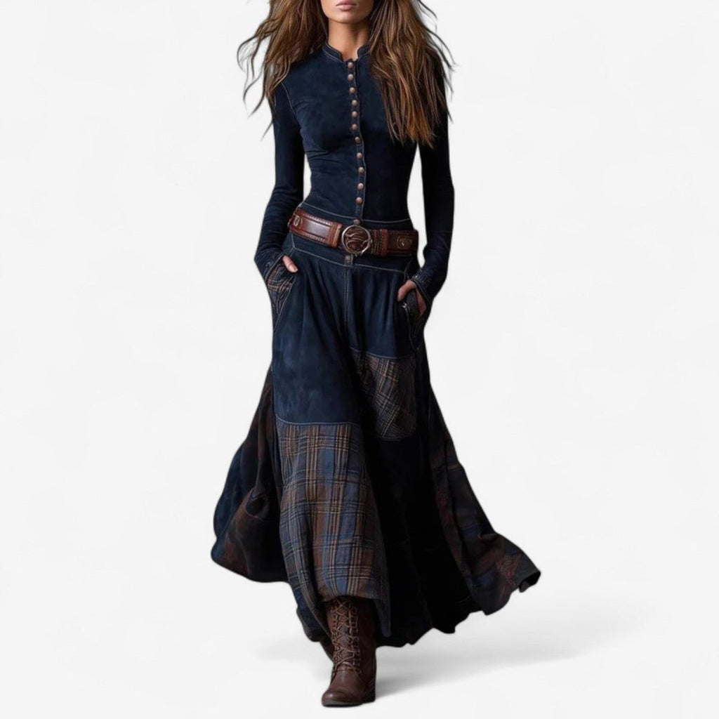 Women's Patchwork Maxi Long Sleeve Dress Suede Button-Front - Royal Blue