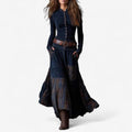 Women's Patchwork Maxi Long Sleeve Dress Suede Button-Front - Royal Blue