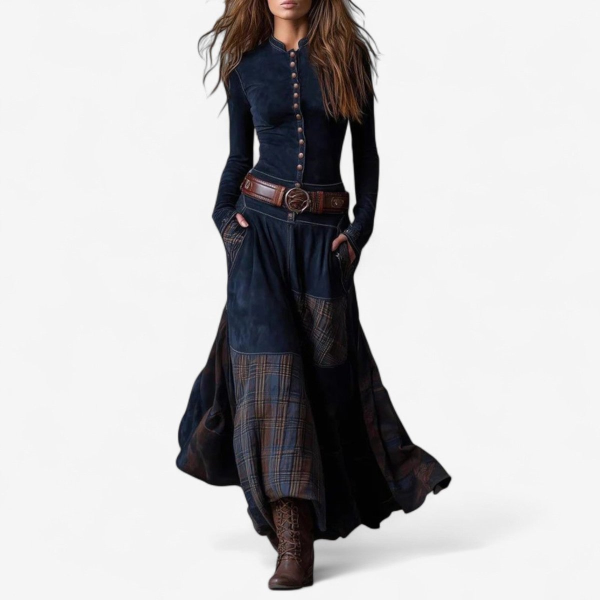 Women's Patchwork Maxi Long Sleeve Dress Suede Button-Front - Royal Blue