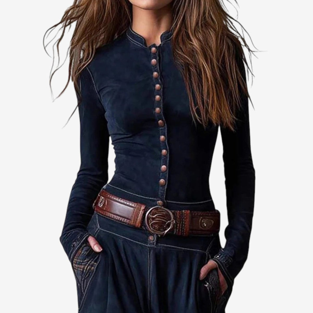 Women's Patchwork Maxi Long Sleeve Dress Suede Button-Front