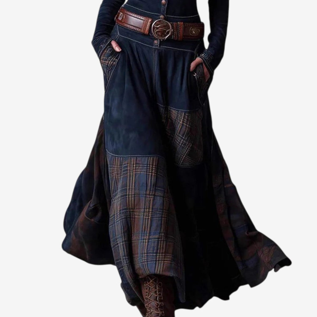 Women's Patchwork Maxi Long Sleeve Dress Suede Button-Front