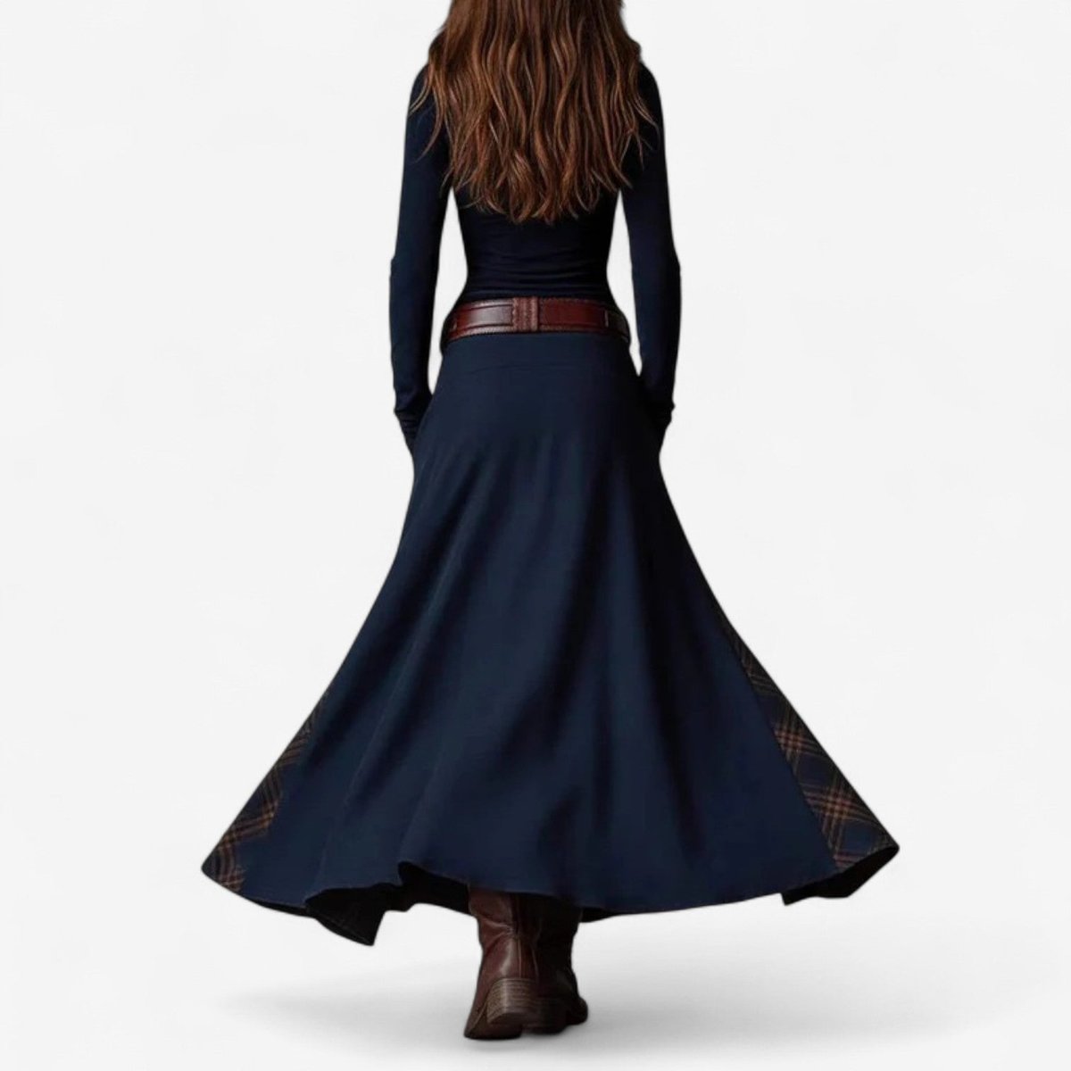 Women's Patchwork Maxi Long Sleeve Dress Suede Button-Front