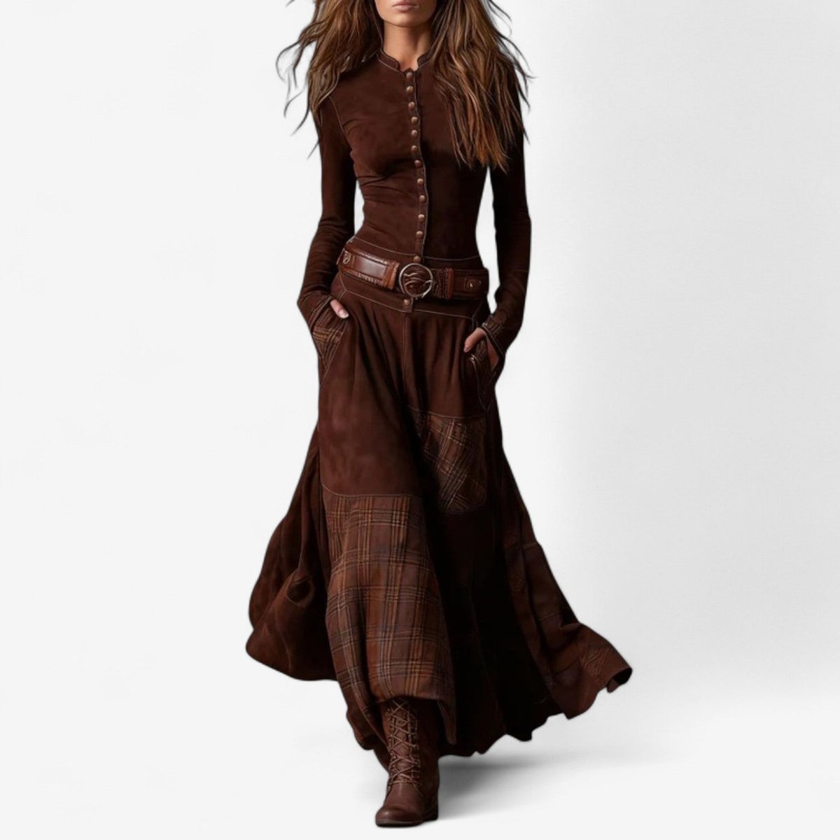 Women's Patchwork Maxi Long Sleeve Dress Suede Button-Front - Red