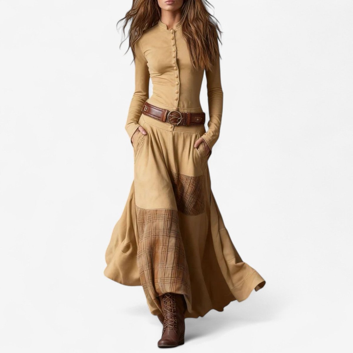 Women's Patchwork Maxi Long Sleeve Dress Suede Button-Front - Apricot