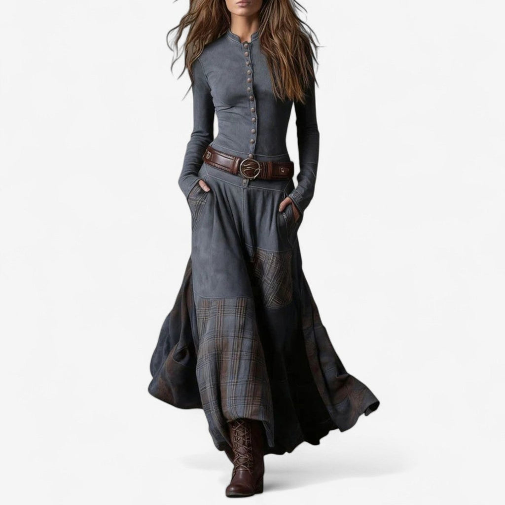 Women's Patchwork Maxi Long Sleeve Dress Suede Button-Front - Gray