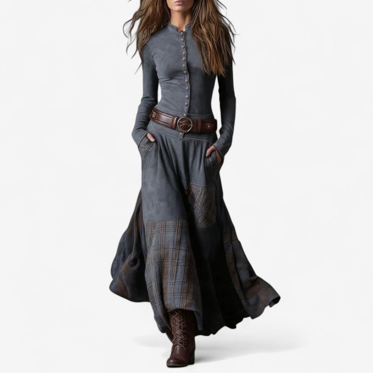 Women's Patchwork Maxi Long Sleeve Dress Suede Button-Front - Gray