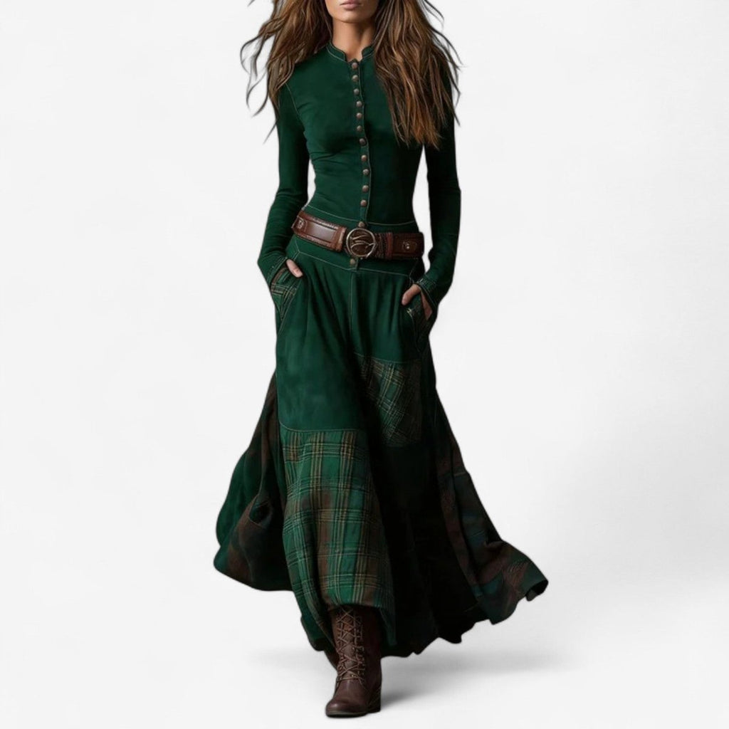 Women's Patchwork Maxi Long Sleeve Dress Suede Button-Front - Green