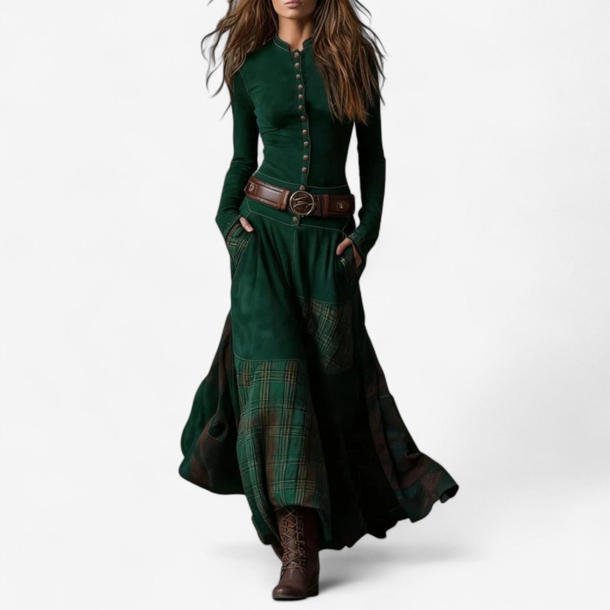 Women's Patchwork Maxi Long Sleeve Dress Suede Button-Front - Green