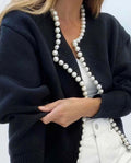 Women's Pearl-Trim Open-Front Knit Cardigan Sweater, Black - Black