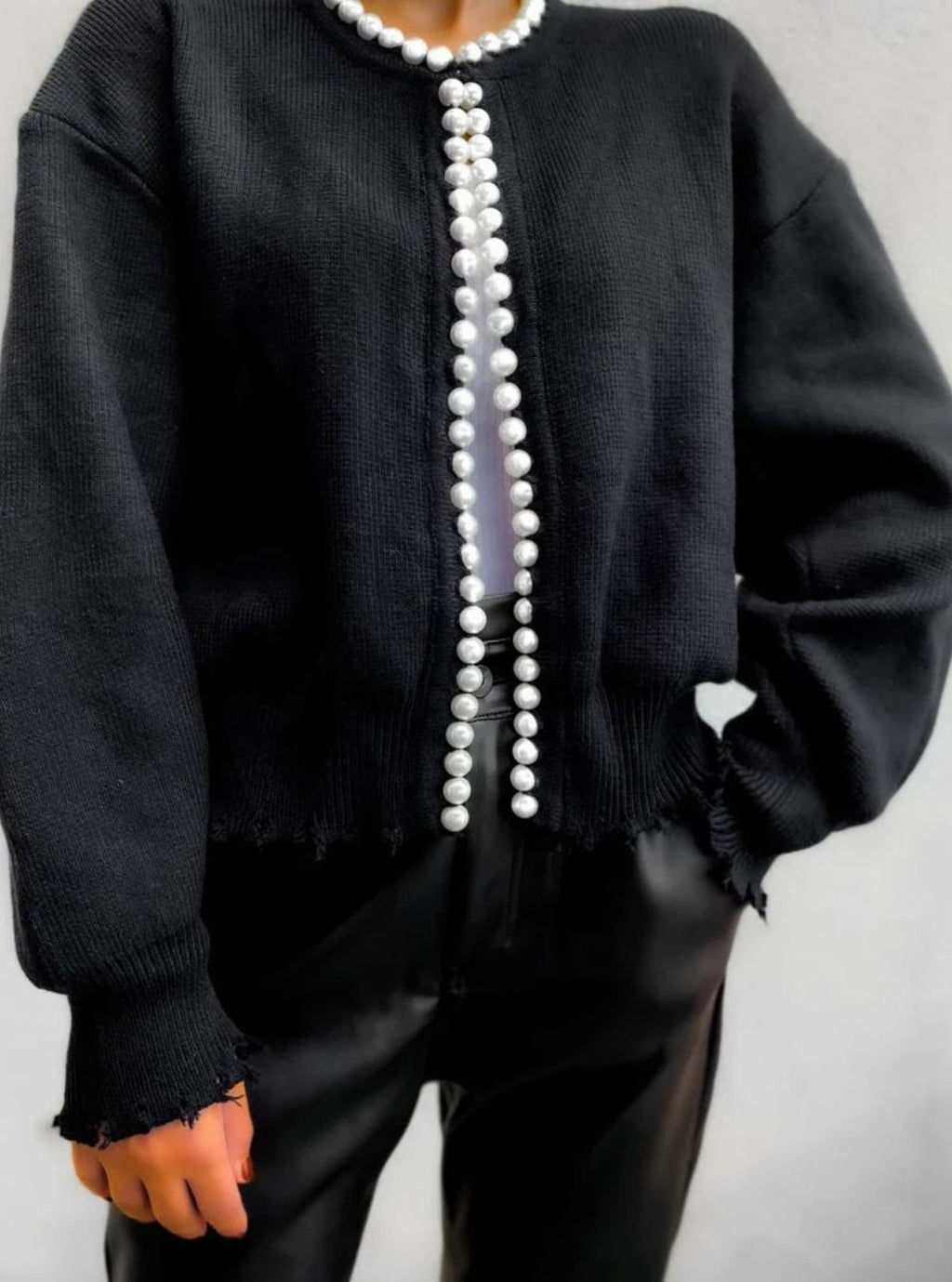 Women's Pearl-Trim Open-Front Knit Cardigan Sweater, Black