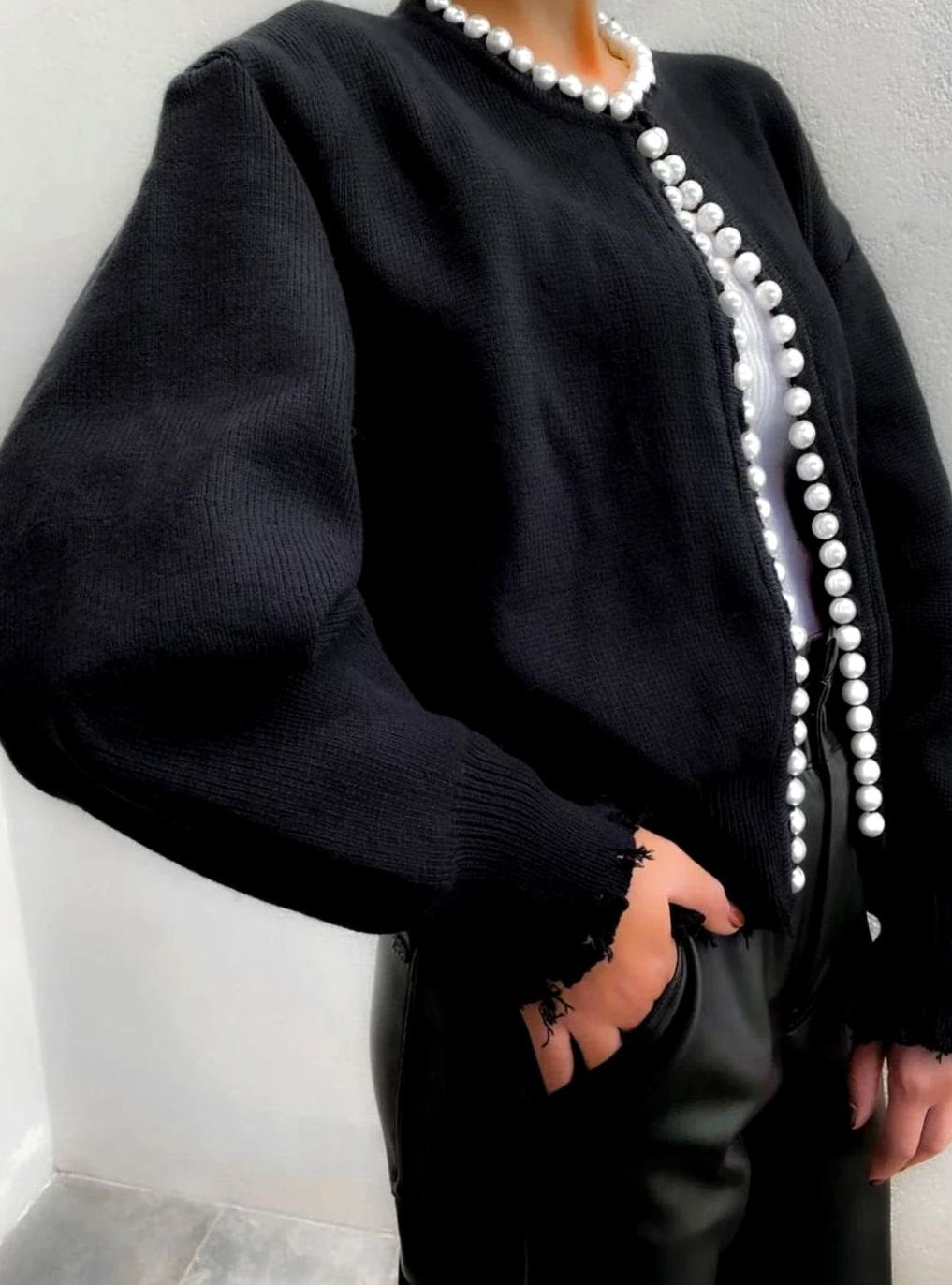 Women's Pearl-Trim Open-Front Knit Cardigan Sweater, Black