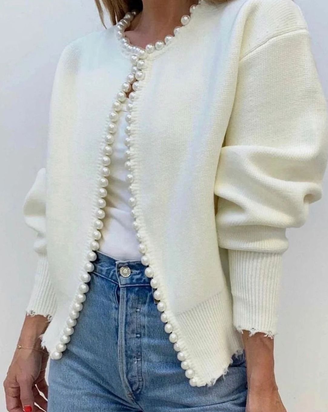 Women's Pearl-Trim Open-Front Knit Cardigan Sweater, Black - White