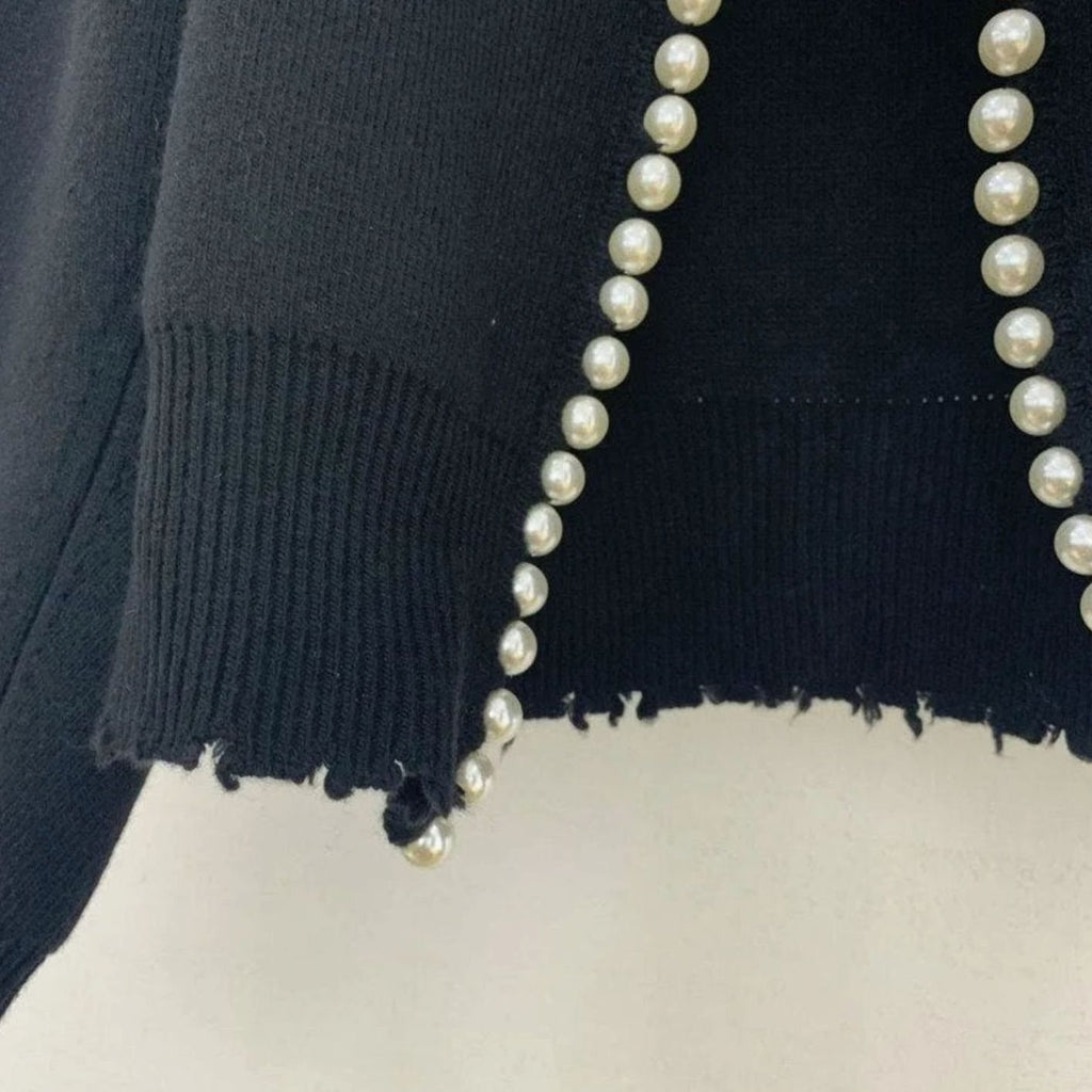 Women's Pearl-Trim Open-Front Knit Cardigan Sweater, Black