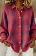 Women's Plaid Button-Down Collared Knit Cardigan - Pink