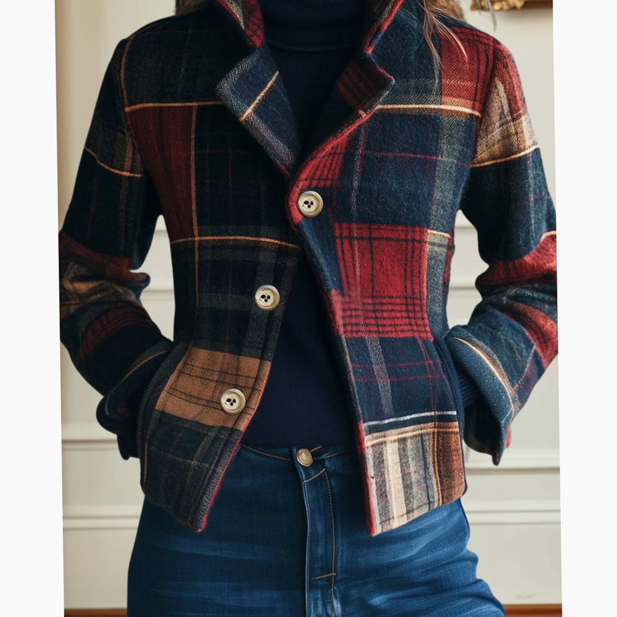 Women's Plaid Double-Breasted Cropped Winter Coat Jacket - Multicolored