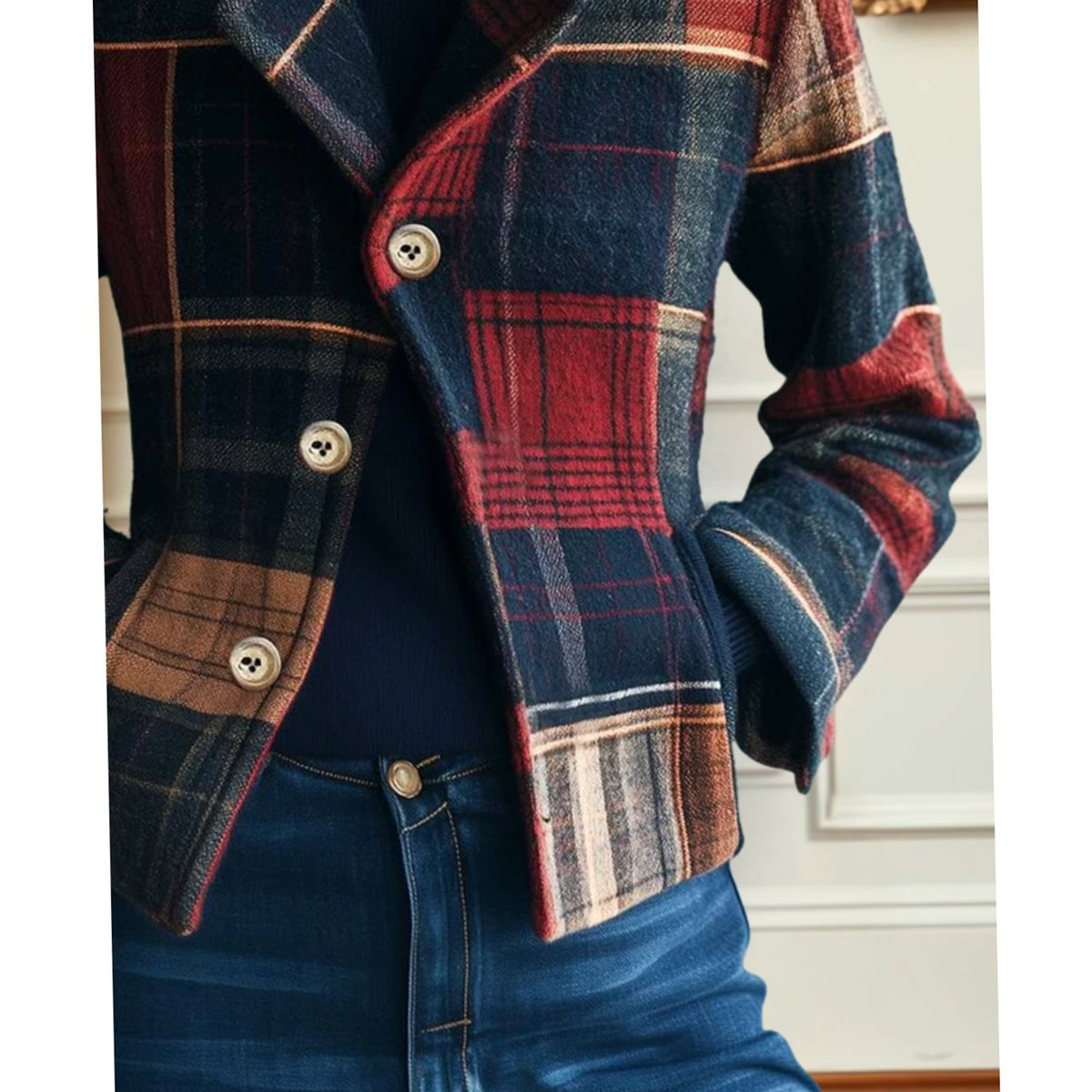 Women's Plaid Double-Breasted Cropped Winter Coat Jacket