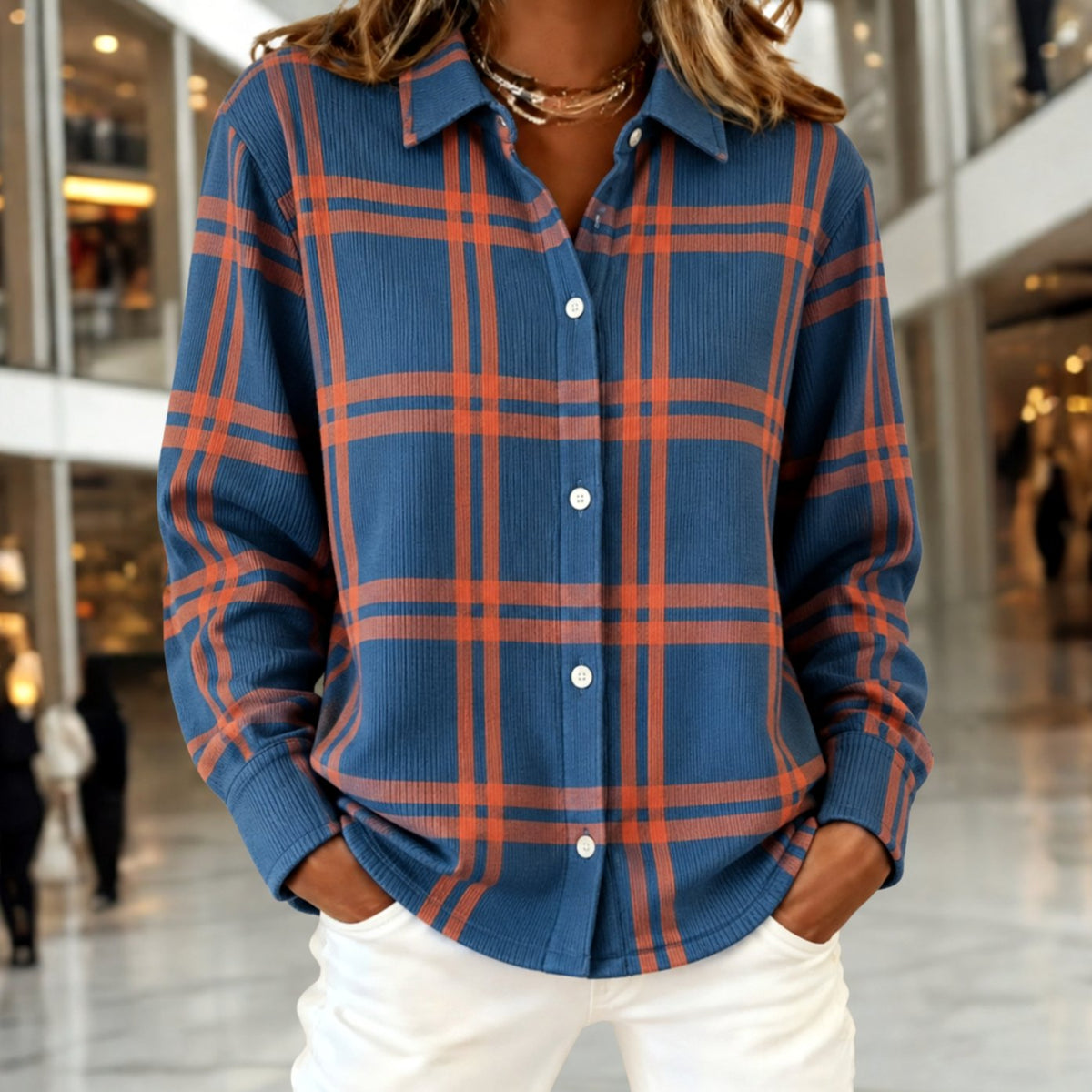 Women's Plaid Long-Sleeve Button-Down Relaxed Shirt - Multicolor