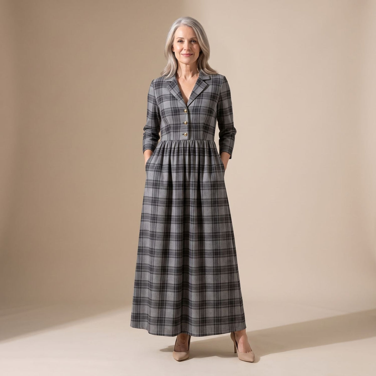 Women's Plaid Long-Sleeve Fit & Flare Maxi Dress with V-Neck - Gray