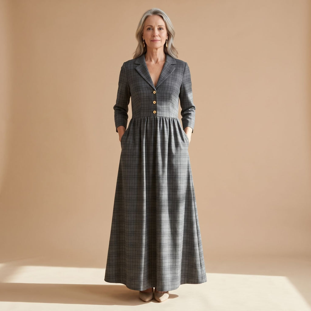 Women's Plaid Long-Sleeve Fit & Flare Maxi Dress with V-Neck