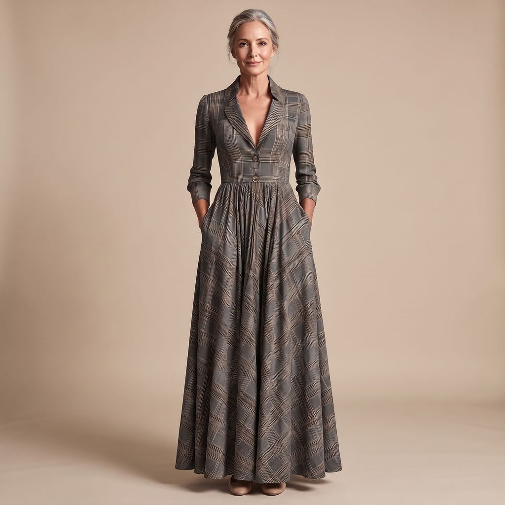 Women's Plaid Long-Sleeve Fit & Flare Maxi Dress with V-Neck