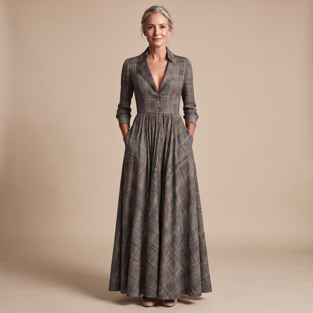 Women's Plaid Long-Sleeve Fit & Flare Maxi Dress with V-Neck