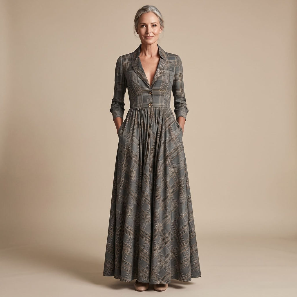 Women's Plaid Long-Sleeve Fit & Flare Maxi Dress with V-Neck