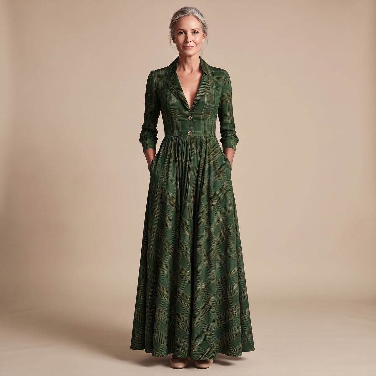 Women's Plaid Long-Sleeve Fit & Flare Maxi Dress with V-Neck - Green