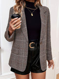 Women's Plaid Long-Sleeve Tailored Blazer Jacket - Coffee Brown