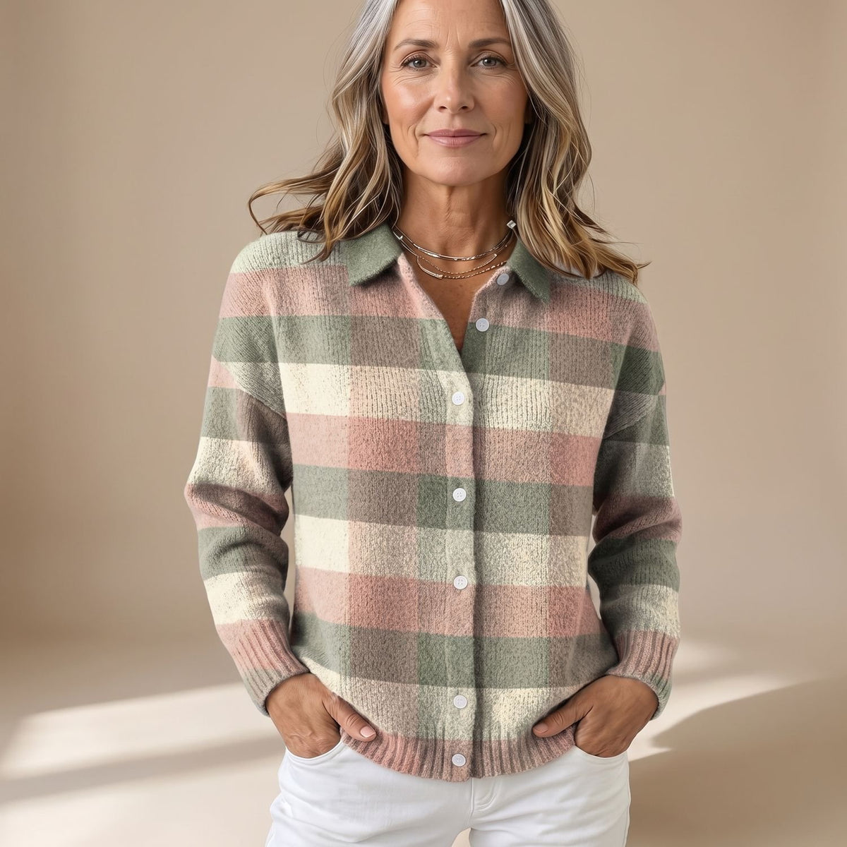 Women's Plaid Shacket Button-Down Knit Cardigan