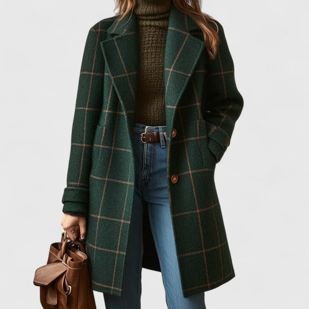 Women's Plaid Wool-Blend Longline Notch-Lapel Coat - Dark Green