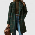 Women's Plaid Wool-Blend Longline Notch-Lapel Coat - Dark Green