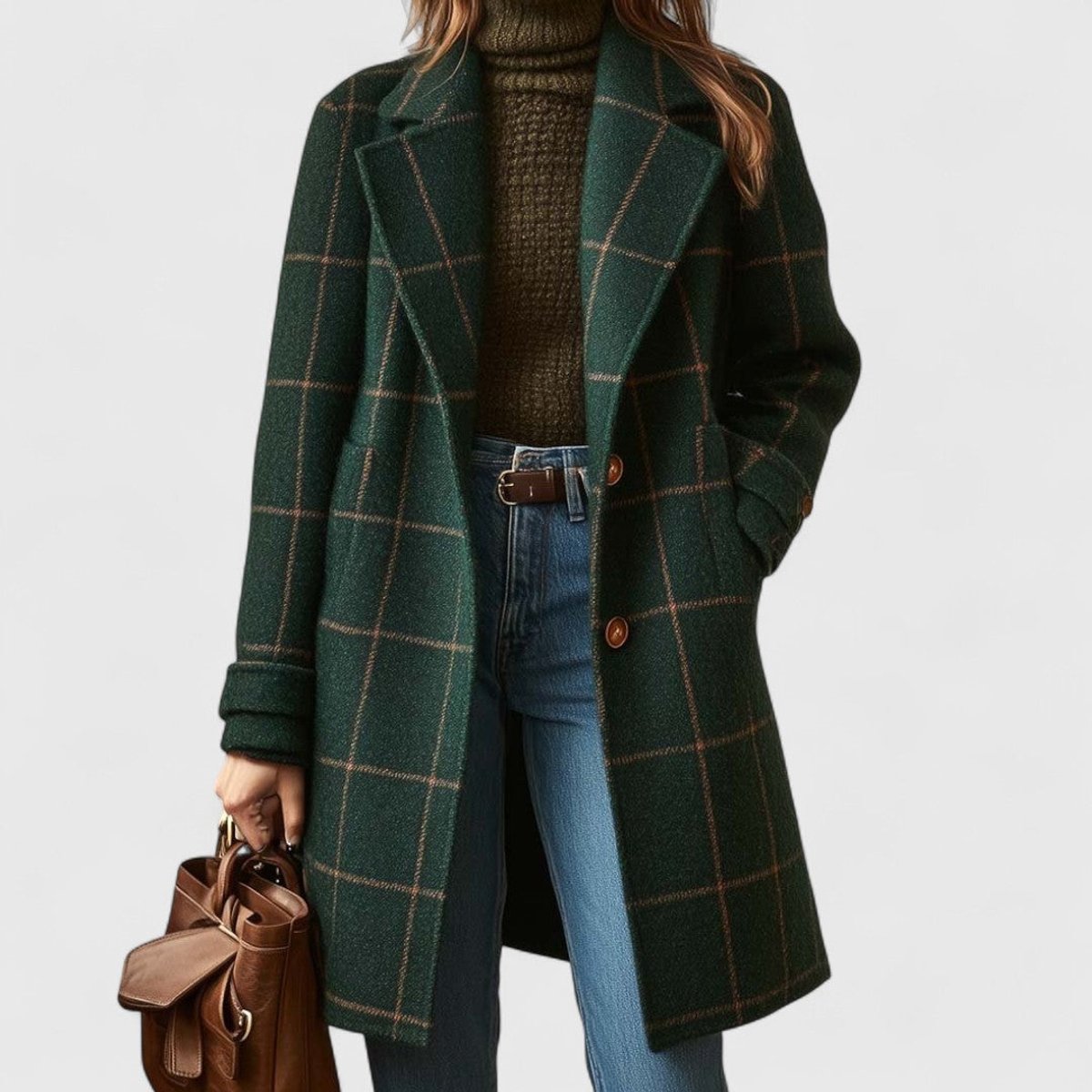 Women's Plaid Wool-Blend Longline Notch-Lapel Coat - Dark Green